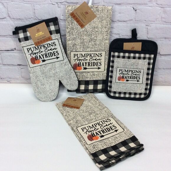 Fall 4 Pc Kitchen Set Pumpkins Buffalo Check 2 Towels/1 Oven Mitt/1 Pot Holder - Picture 1 of 5